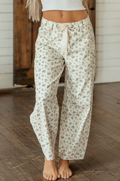 Floral Barrel Leg Drawstring Waist Casual Pants Women