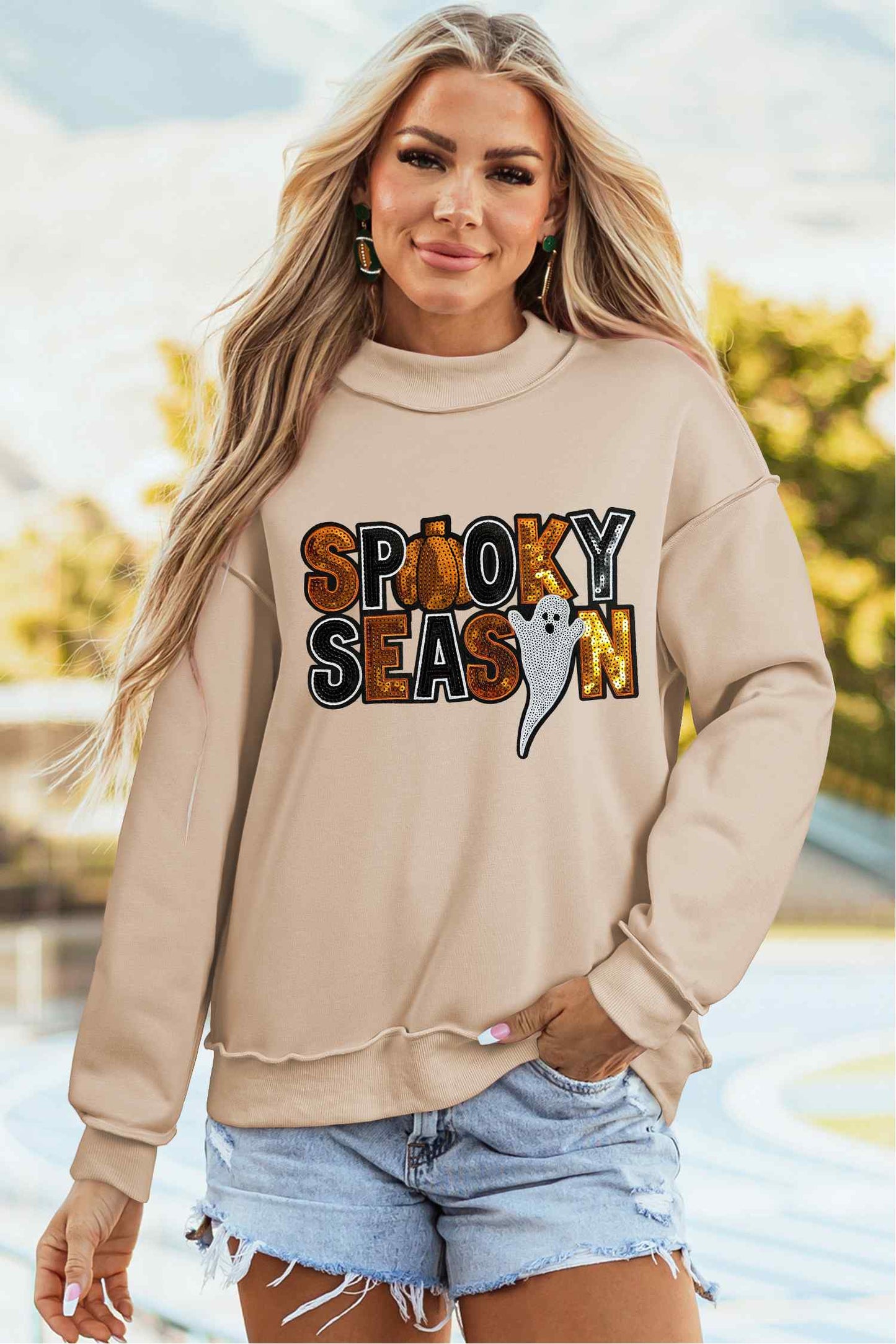 Sequin Spooky Season Ghost Mock Neck Halloween Sweatshirt