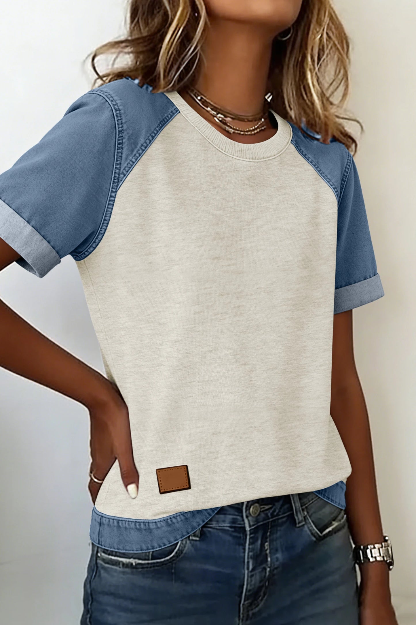 Beige Denim Patchwork Color Block Casual Crew Neck Tee