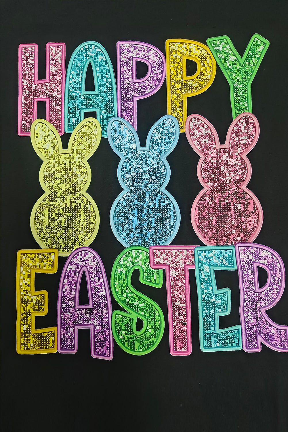 Black Sequin HAPPY EASTER Bunny Graphic Tee