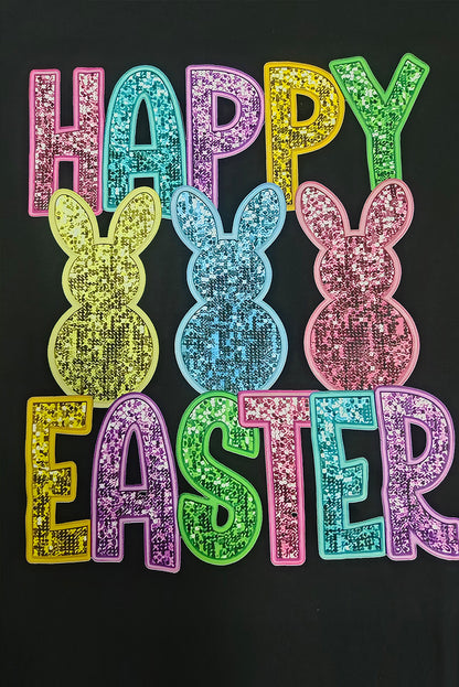 Black Sequin HAPPY EASTER Bunny Graphic Tee