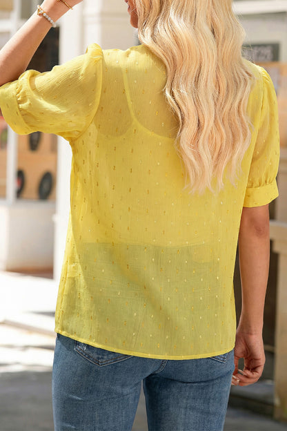 Beige Metallic Jacquard Puff Sleeve Button Blouse