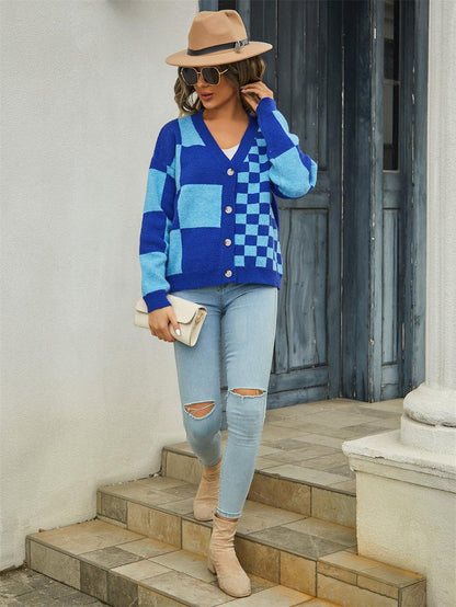 Checkerboard Colorblock Knit Cardigan - Oversized Fit