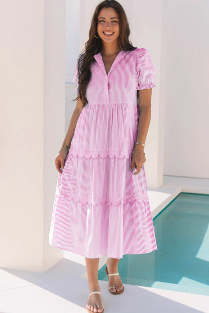 Solid Tiered Maxi Dress Puff Sleeve V Neck Casual