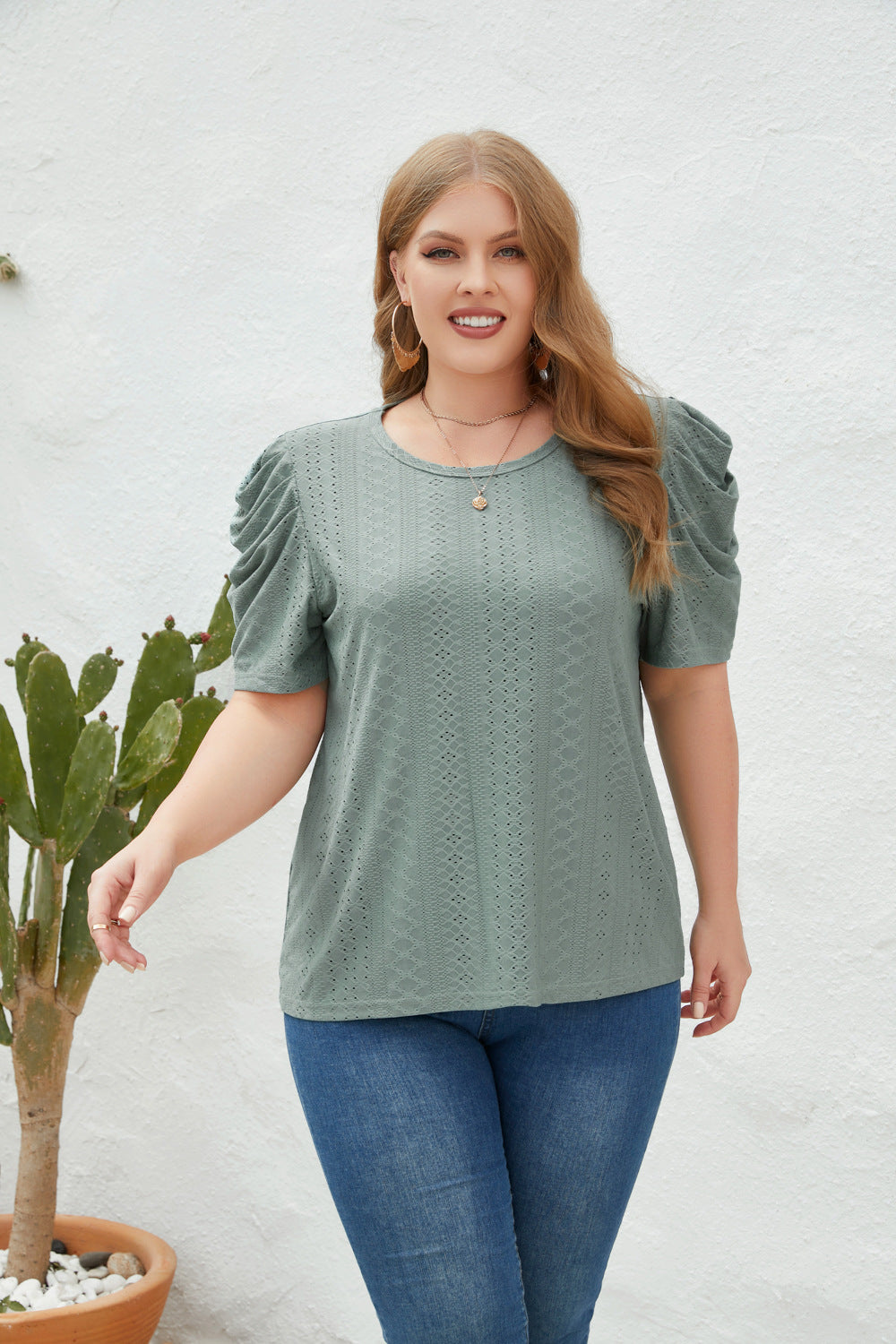 Puff Short Sleeve Eyelet Embroidery Plus Size Tops Loose Summer Shirt for Women