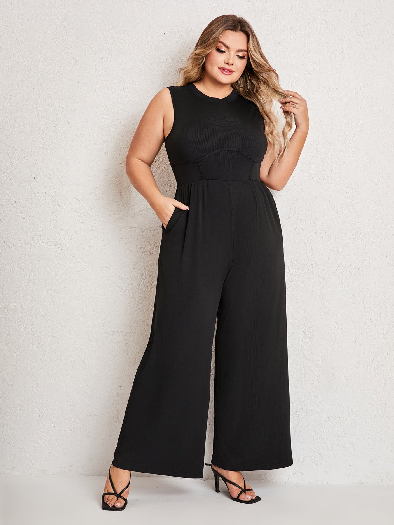 Womens Summer One Piece Sleeveless Wide Leg Pants Rompers With Pockets Plus Size