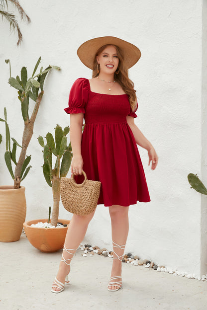 Women's Square Neck Flounce Short Sleeve Shirred Ruffle Hem Dress