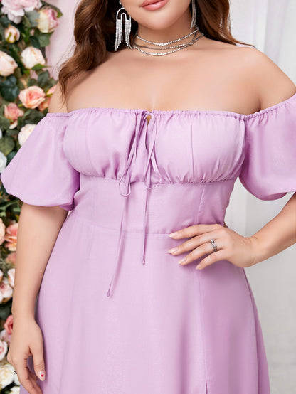 Woman Off Shoulder Half Sleeve High Waist Side Split Plus Size Dresses