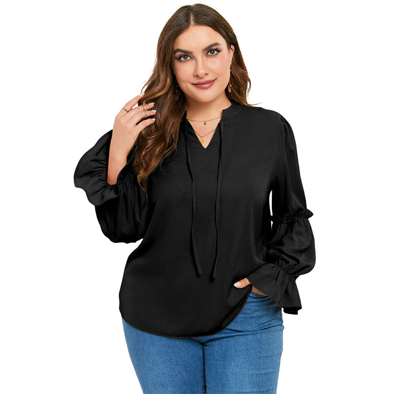 Neckline Tie Ruffle Patchwork Solid Color Chiffon Pullover Shirt Woman Plus Size