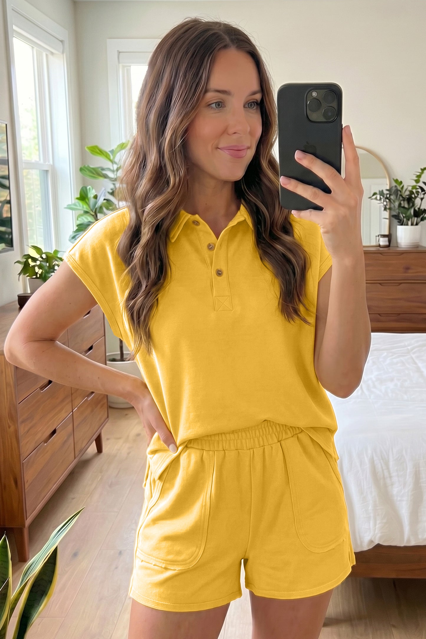 Polo Collar Lounge Set Loose Top and Shorts Outfit