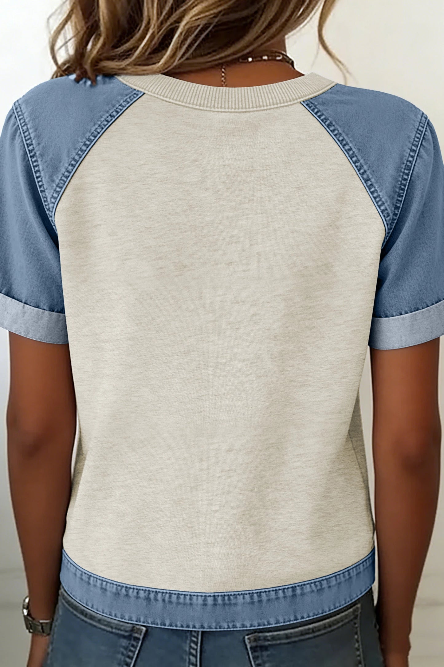 Beige Denim Patchwork Color Block Casual Crew Neck Tee