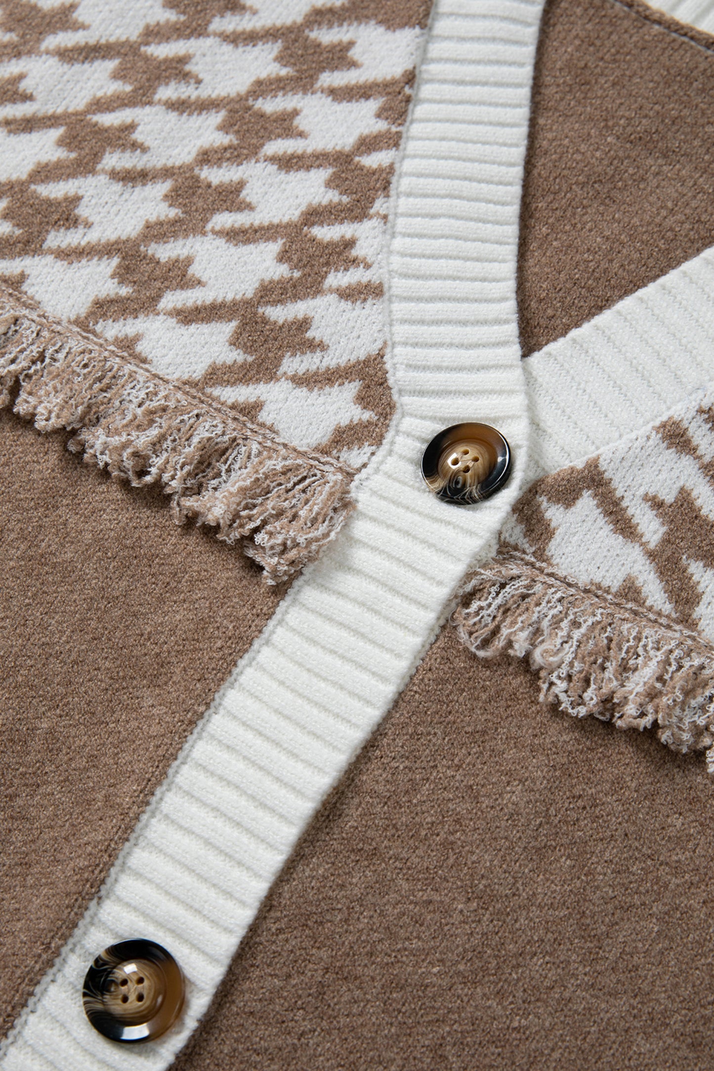 Khaki Houndstooth Fringe Trim V Neck Button Front Knit Cardigan