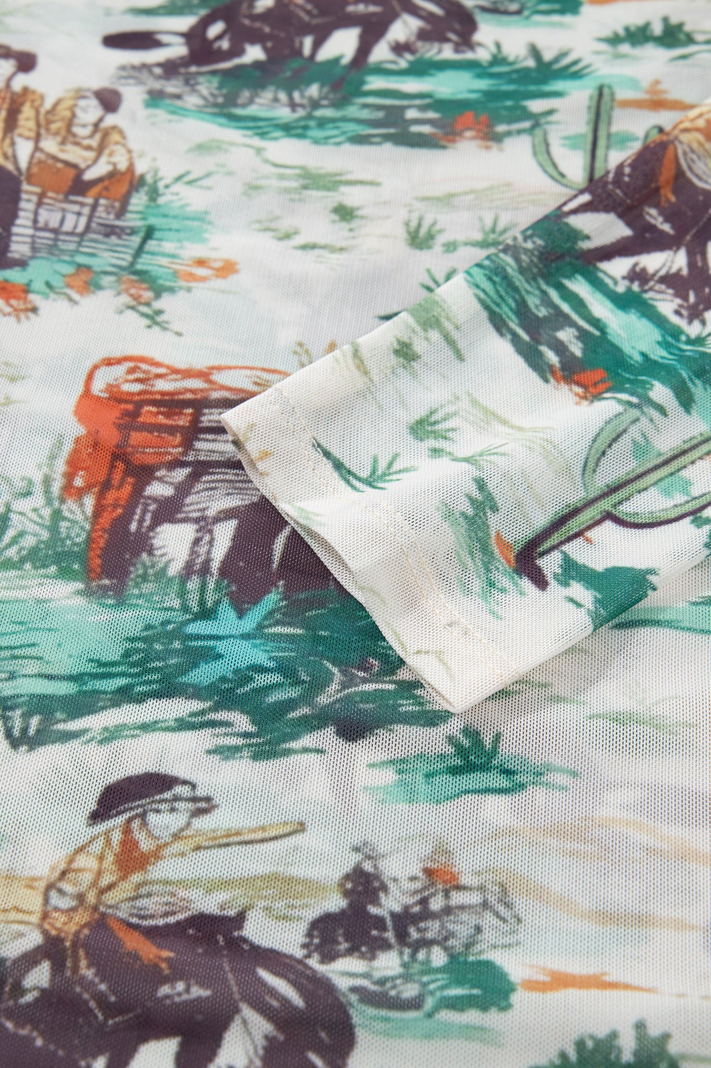 Western Cowboy Print Mock Neck Long Sleeve Fitted Top