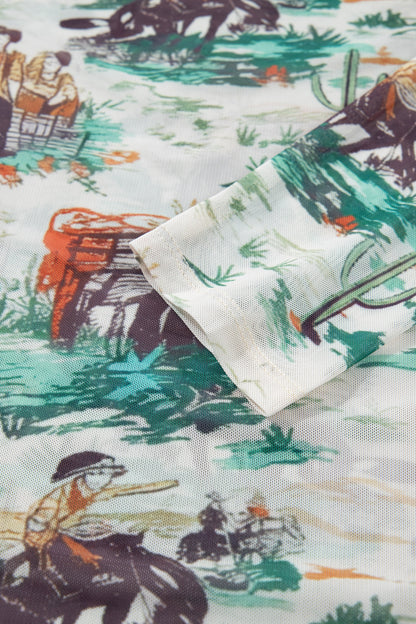 Western Cowboy Print Mock Neck Long Sleeve Fitted Top
