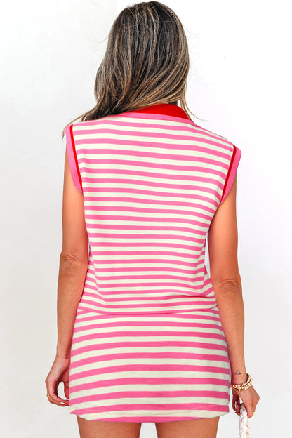 Striped Zip Collar Sleeveless Skort Set Casual Outfit