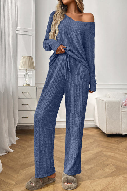 Cozy Ribbed V Neck Lounge Set with Wide Leg Pants