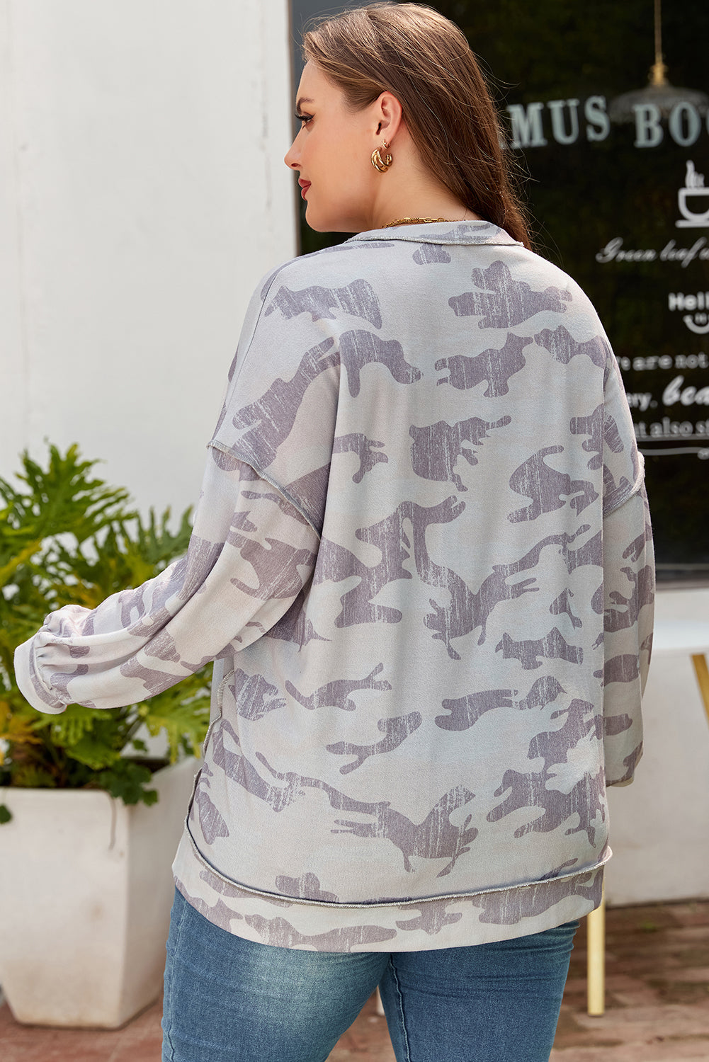 Plus Size Camo Print Round Neck Oversized Sweatshirt