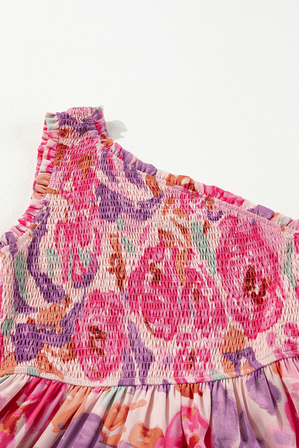 Pink Floral One Shoulder Smocked Tiered Maxi Dress