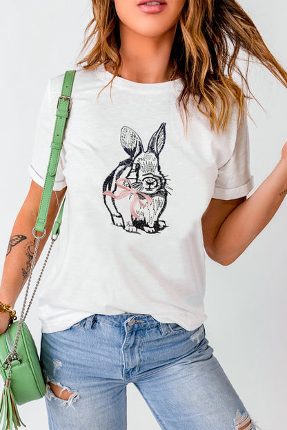 Easter Bunny Bow Embroidered White Casual Graphic Tee
