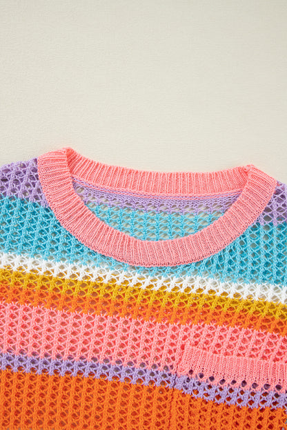 Orange Stripe Colorblock Hollowed Crochet 3/4 Sleeve Sweater