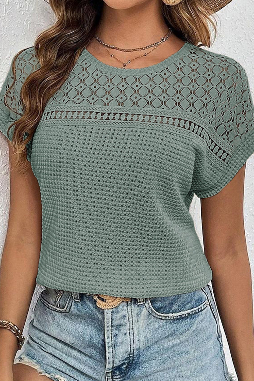 Mist Green Lace Patchwork Waffle Knit Summer Top