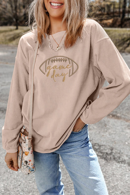 Game Day Oversized Ribbed Sweatshirt with Football Embroidery