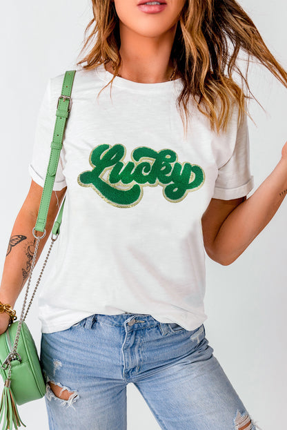 White Lucky Chenille Patch Graphic Tee for St Patrick
