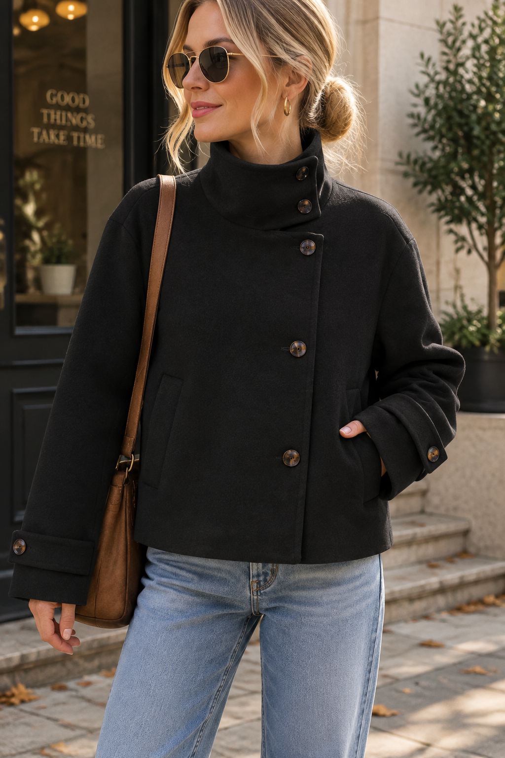 Women's Oversized Stand Collar Wool Blend Cropped Jacket
