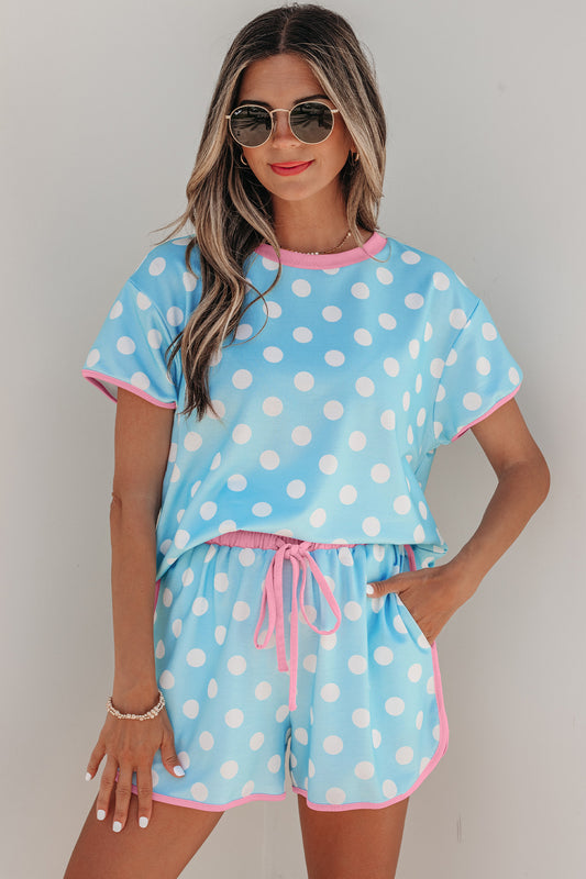 Polka Dot Lounge Set Contrast Trim Tee and Shorts