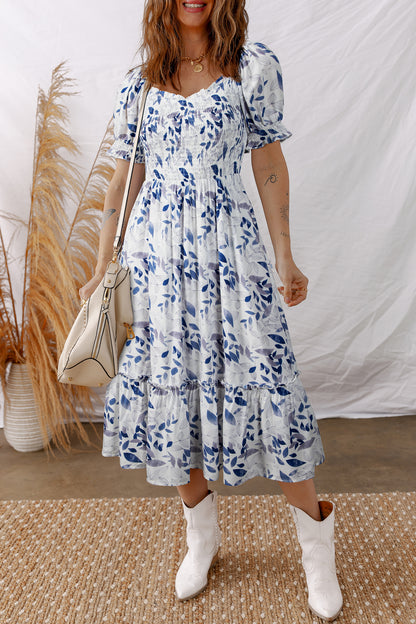 Sky Blue Floral Smocked Bodice Puff Sleeve Midi Dress