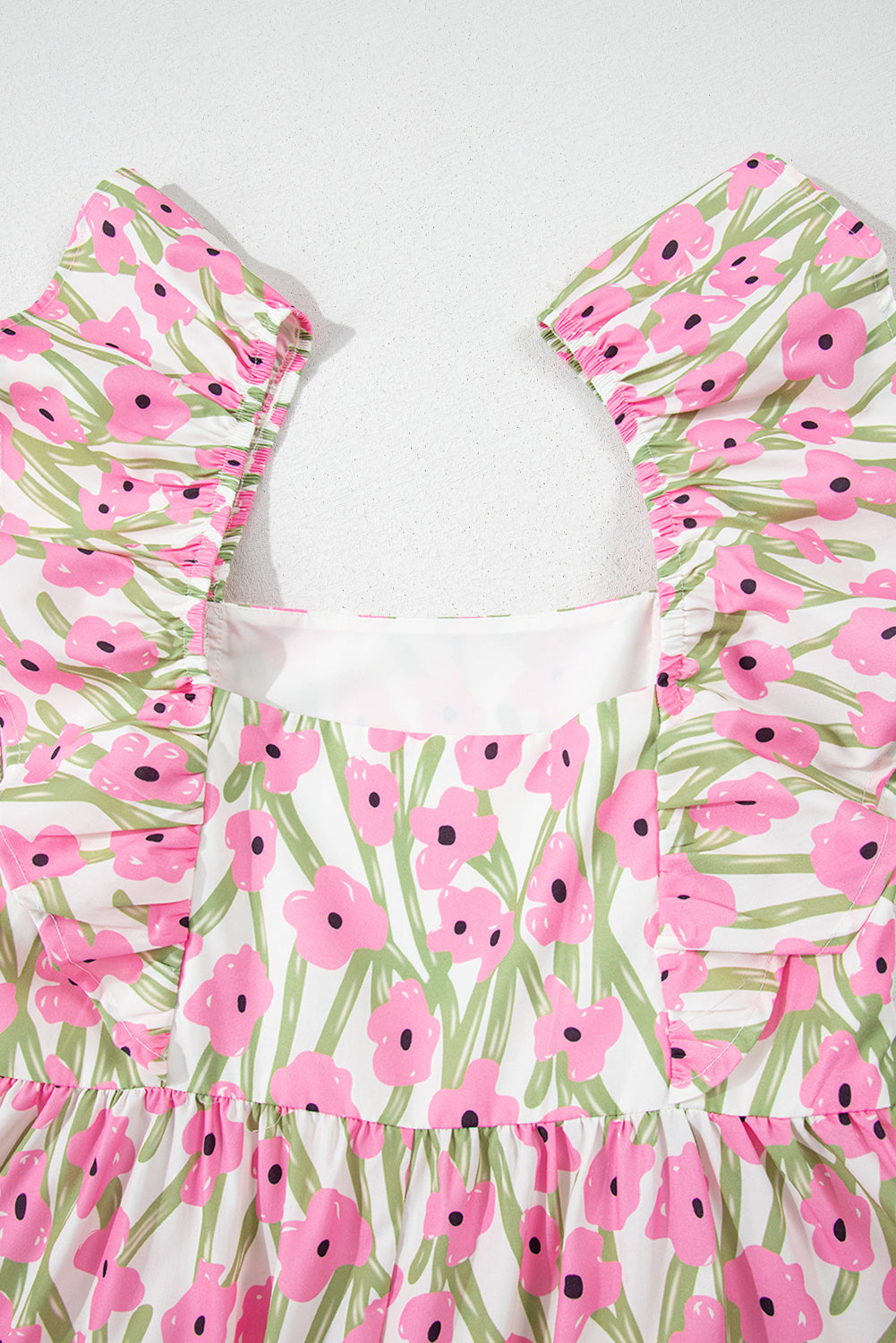 Pink Floral Square Neck Ruffle Sleeve Maxi Dress