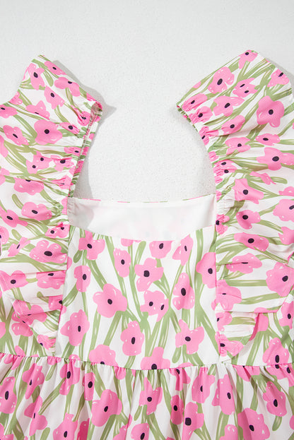 Pink Floral Square Neck Ruffle Sleeve Maxi Dress