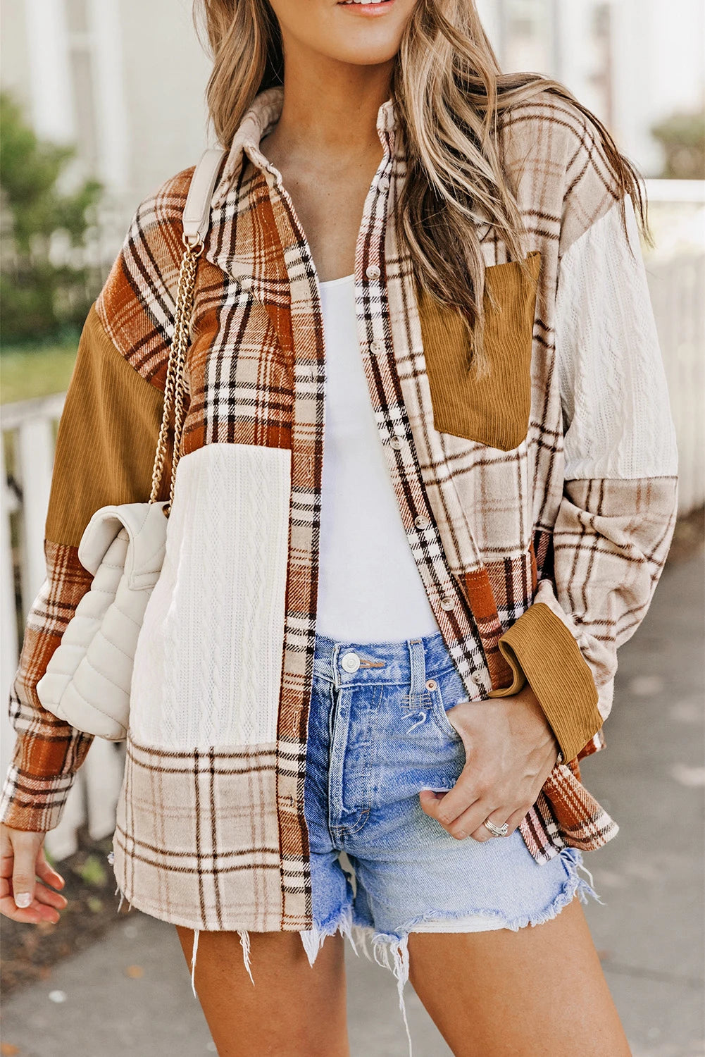 Color Block Plaid Corduroy Shacket with Pocket