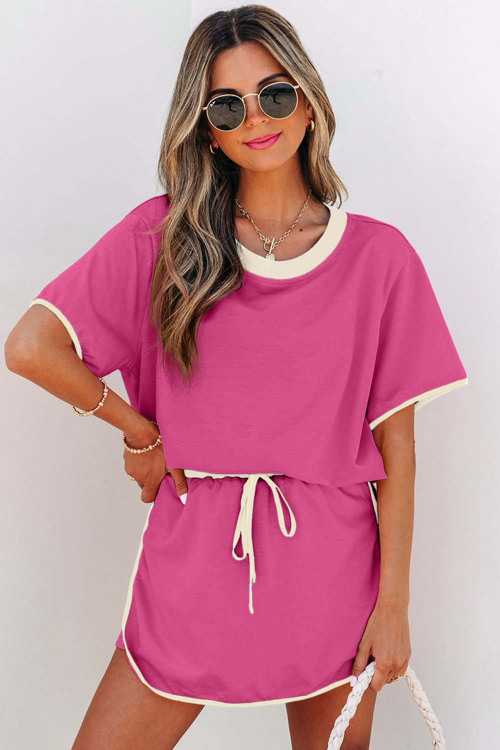 Colorblock Trim Tee Skort Set Drawstring Lounge Set