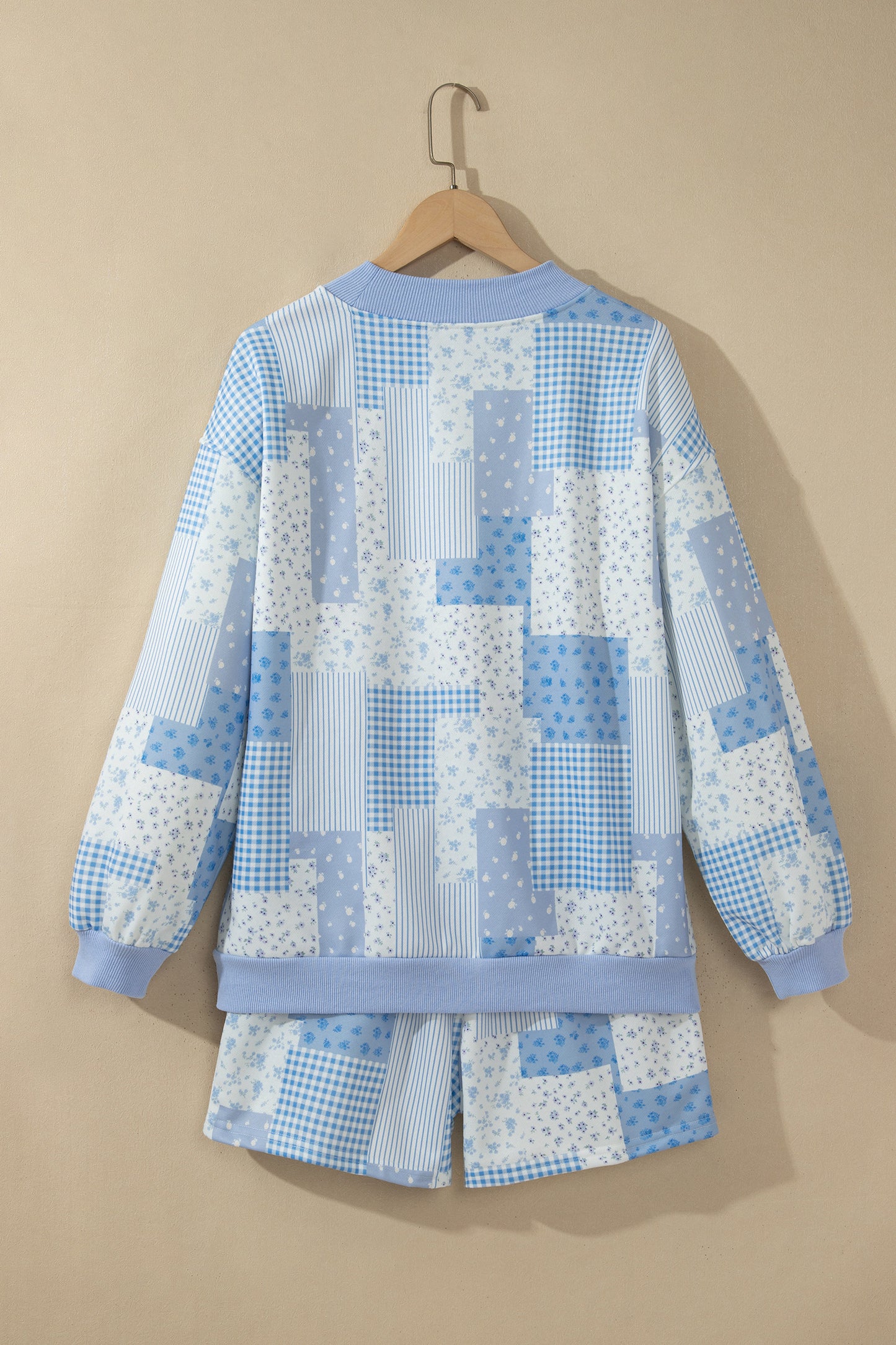 Sky Blue Floral Patchwork Pullover Shorts Set