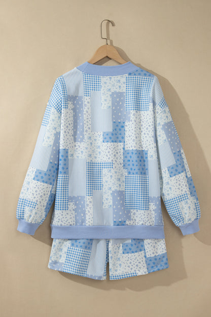 Sky Blue Floral Patchwork Pullover Shorts Set