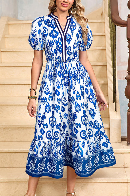 White Floral Contrast Trim V Neck Maxi Dress