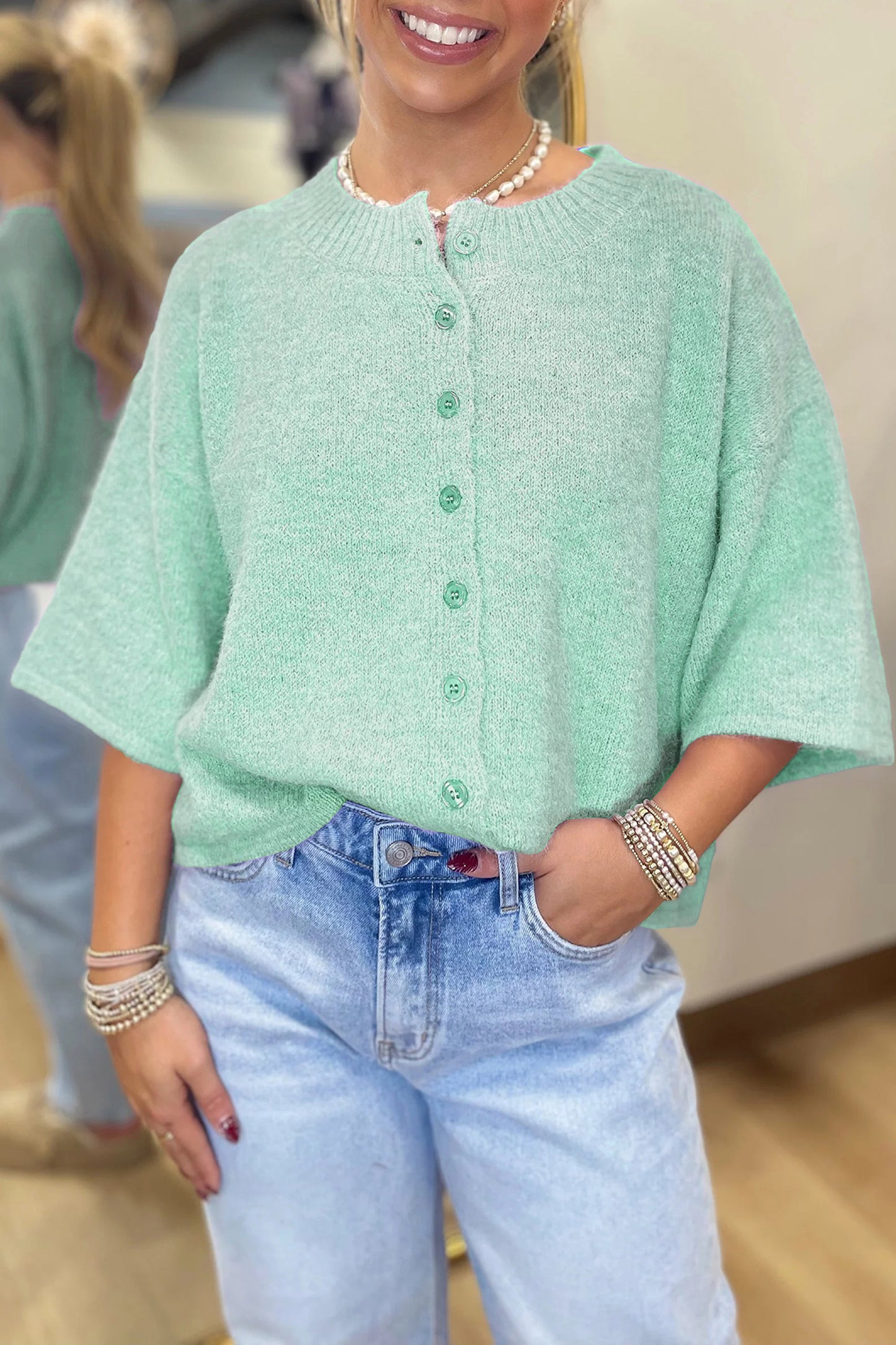 Lavender Boxy 3/4 Sleeve Button Down Knit Cardigan