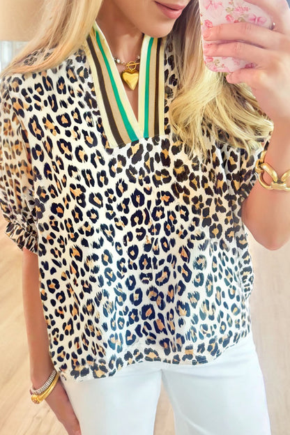 Khaki Leopard Color Block Stripe V Neck Loose Blouse