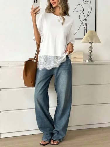 Women's Lace Hem Patchwork Short Sleeve Tee