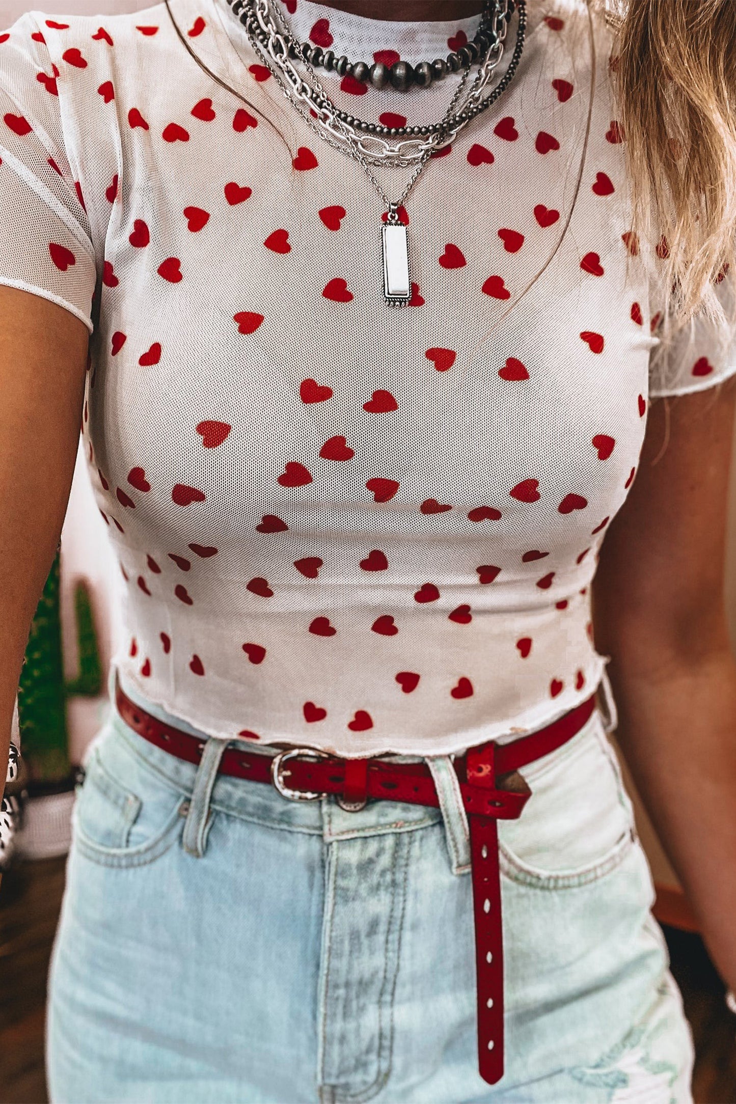Racing Red Allover Heart Print Mesh Short Sleeve Top