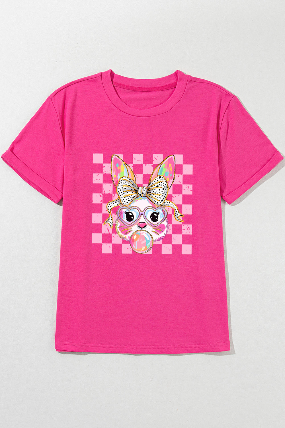 Rose Red Plaid Bunny Bubble Gum Easter Graphic Tee