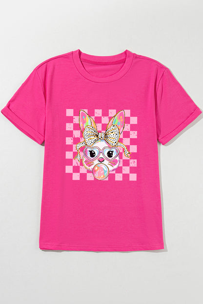 Rose Red Plaid Bunny Bubble Gum Easter Graphic Tee