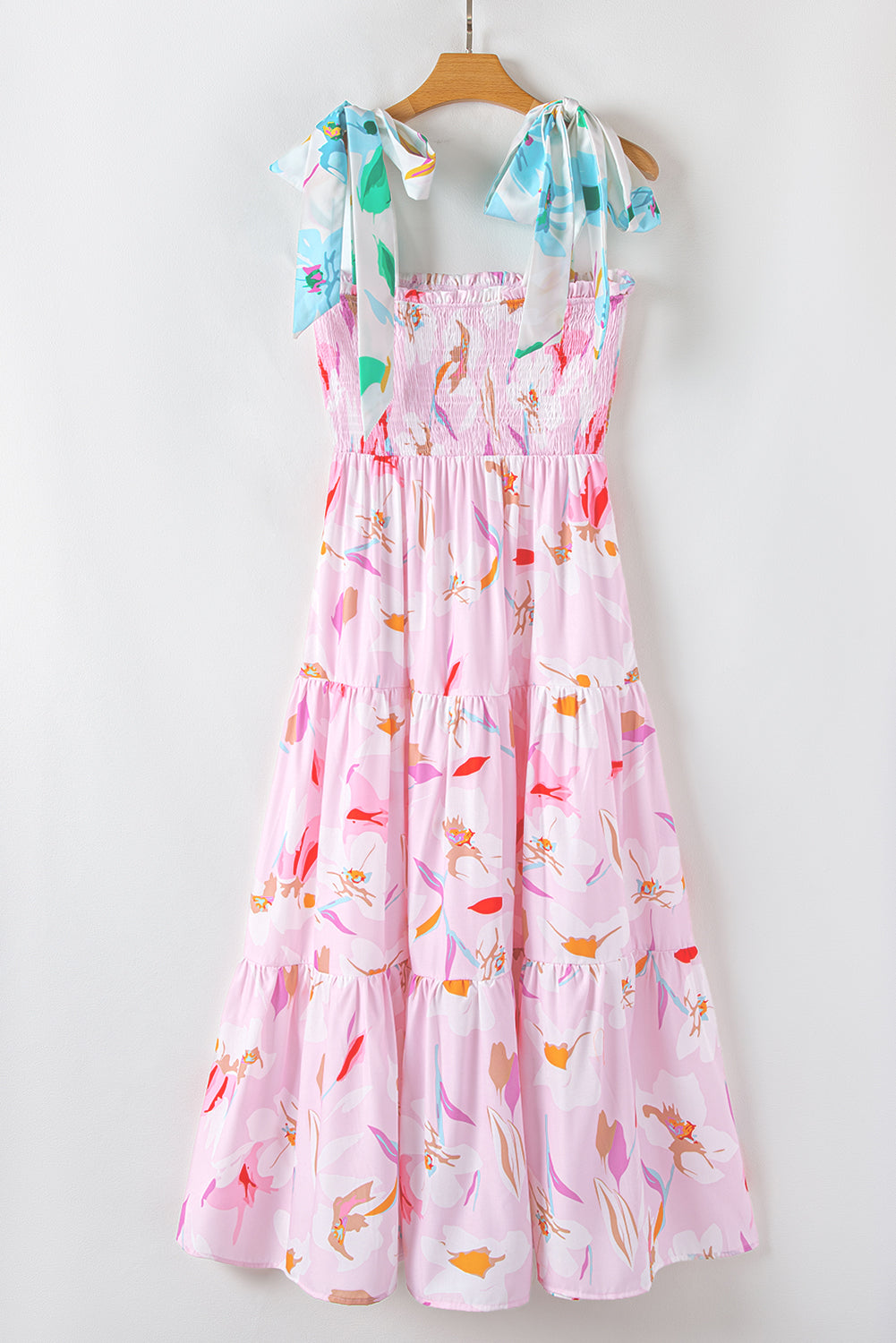 Pink Floral Smocked Maxi Dress Tie Shoulder Flowy