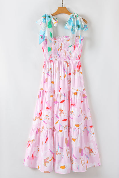 Pink Floral Smocked Maxi Dress Tie Shoulder Flowy