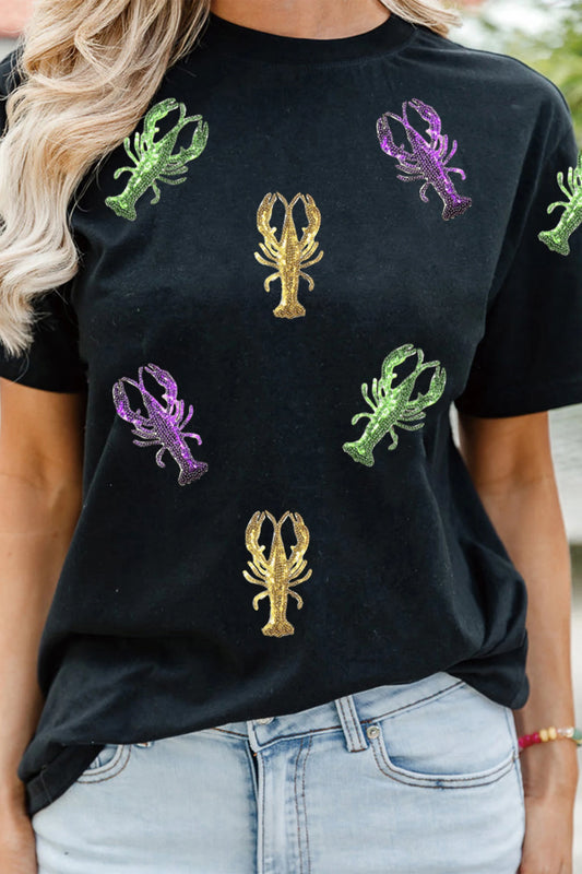 Black Sequin Crawfish Graphic Mardi Gras Festive Tee