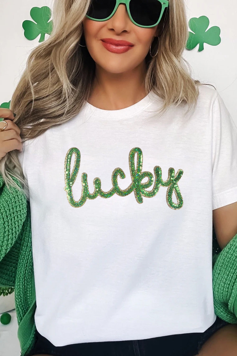 White Sequin Lucky St Patricks Day Glitter Graphic Tee