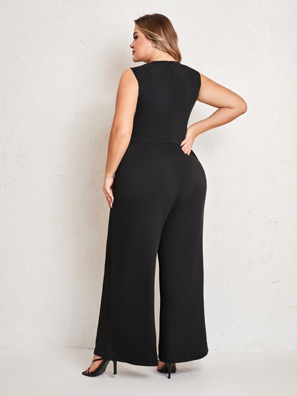Womens Summer One Piece Sleeveless Wide Leg Pants Rompers With Pockets Plus Size