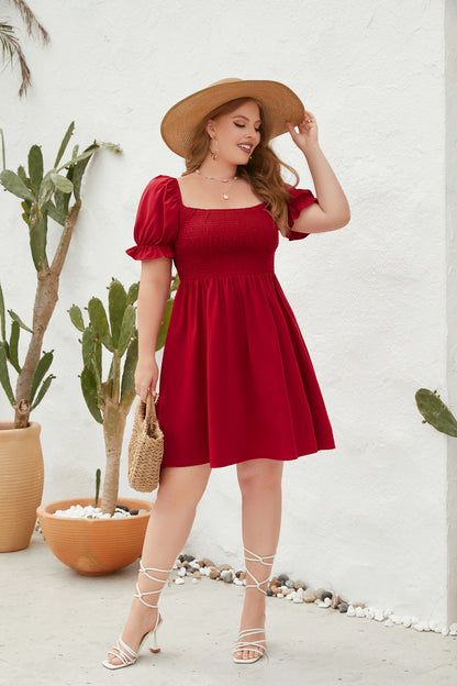 Women's Square Neck Flounce Short Sleeve Shirred Ruffle Hem Dress