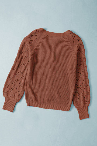 Pink Knit V Neck Bishop Sleeve Button Cardigan
